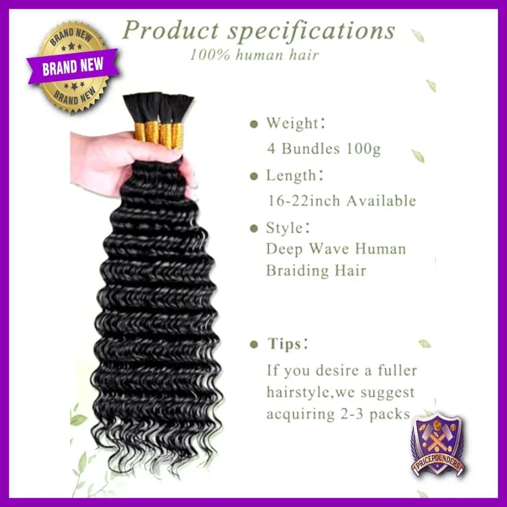 18 Inch Deep Wave Human Hair Extensions for Braiding 4 Bundles 100g